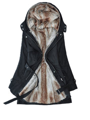 Black belted utility parka with plush faux fur lining and hood.