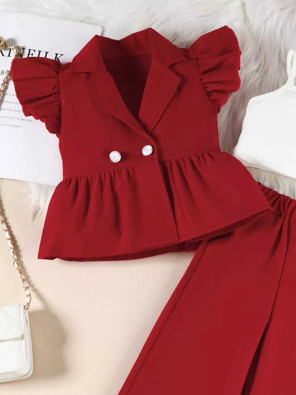 Toddler red ruffle sleeve blazer set with double button detail and peplum hem.