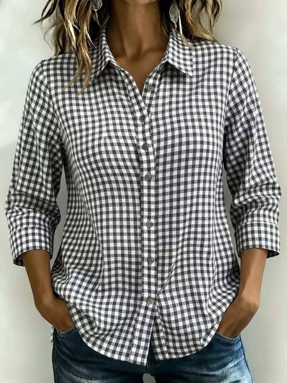 Full Size Plaid Collared Button Up Shirt, close-up detail