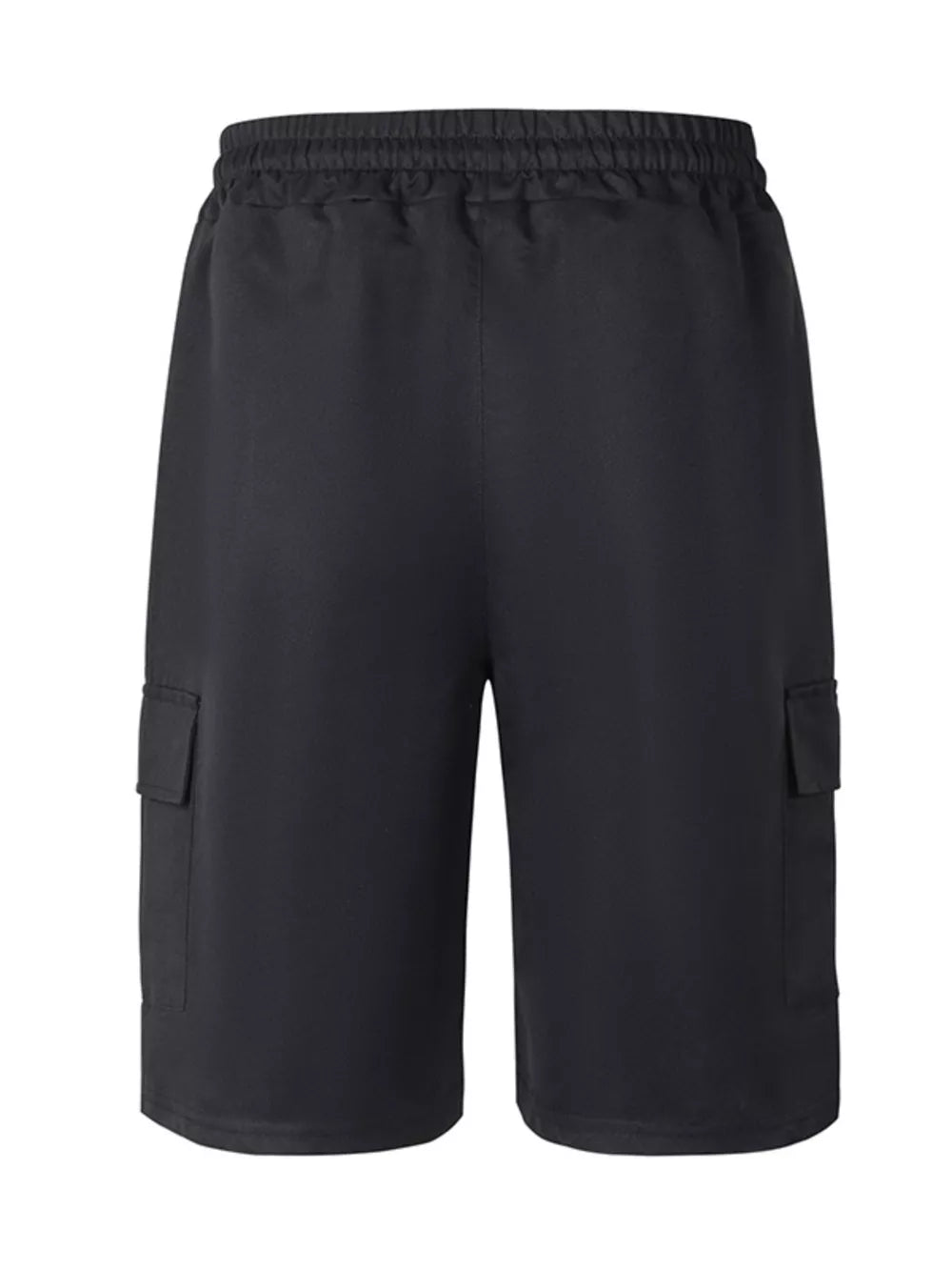 Black adjustable cargo shorts with elastic waistband and side cargo pockets.