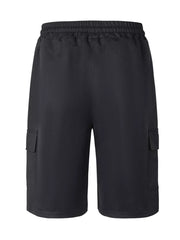 Black adjustable cargo shorts with elastic waistband and side cargo pockets.