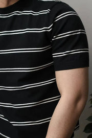 Black ribbed stripe t-shirt with contrast trim and short sleeves