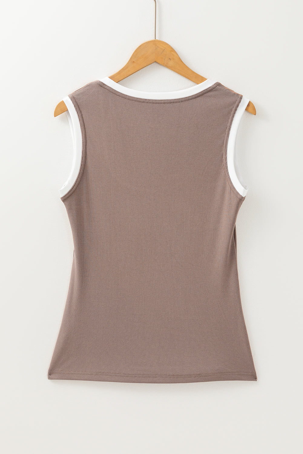 Mocha ribbed knit tank top with contrast white neckline and armhole trim.