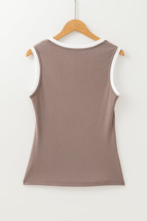 Mocha ribbed knit tank top with contrast white neckline and armhole trim.