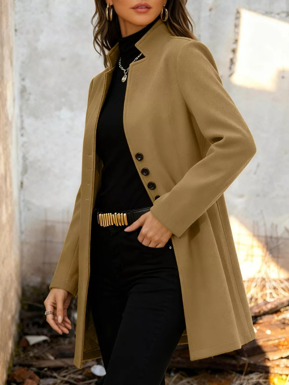 Chic longline trench coat in Khaki with button-down front and collarless neckline.