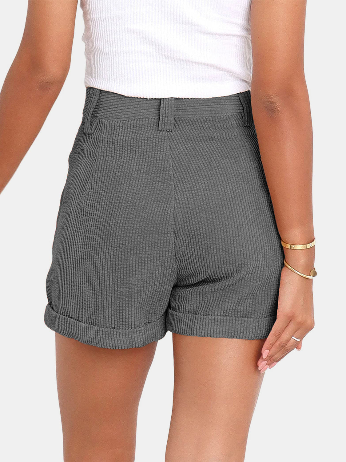Dark Gray corduroy high-waist shorts with pleats and cuffed hems.