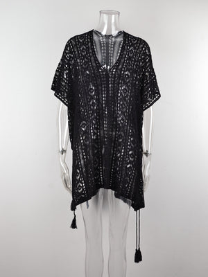 Black open-knit V-neck beach cover-up with short sleeves and tassel details.