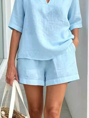 Full Size Half Sleeve Top And Shorts Set, fabric detail