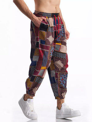 Men's Full Size Printed Drawstring Casual Pants in Chocolate, side view