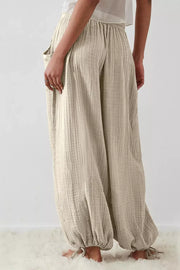 Loose Fit Gauze Pants With Drawstring Waist in Khaki, close-up detail
