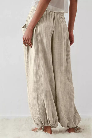 Loose Fit Gauze Pants With Drawstring Waist in Khaki, close-up detail