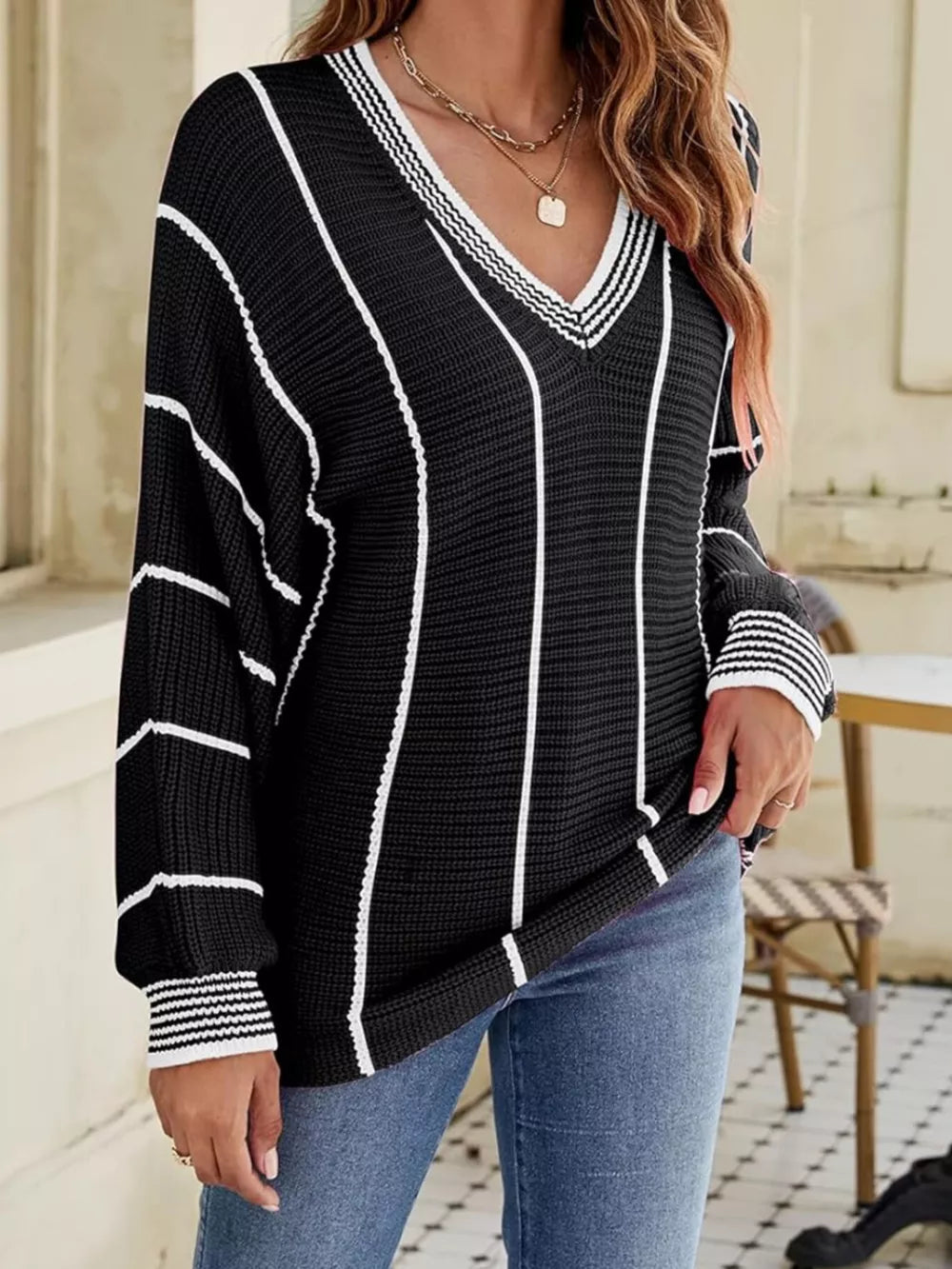 V-neck Striped Contrast Sweater in Dark Green, alternate angle