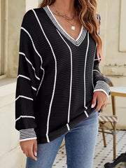 V-neck Striped Contrast Sweater in Dark Green, alternate angle