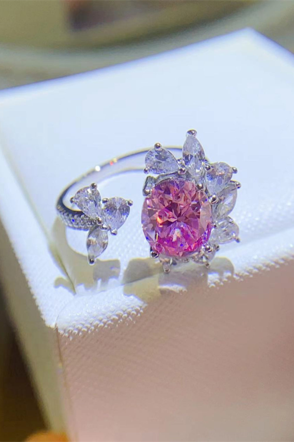 Blossom Halo ring in deep rose with clear crystal accents and butterfly design.