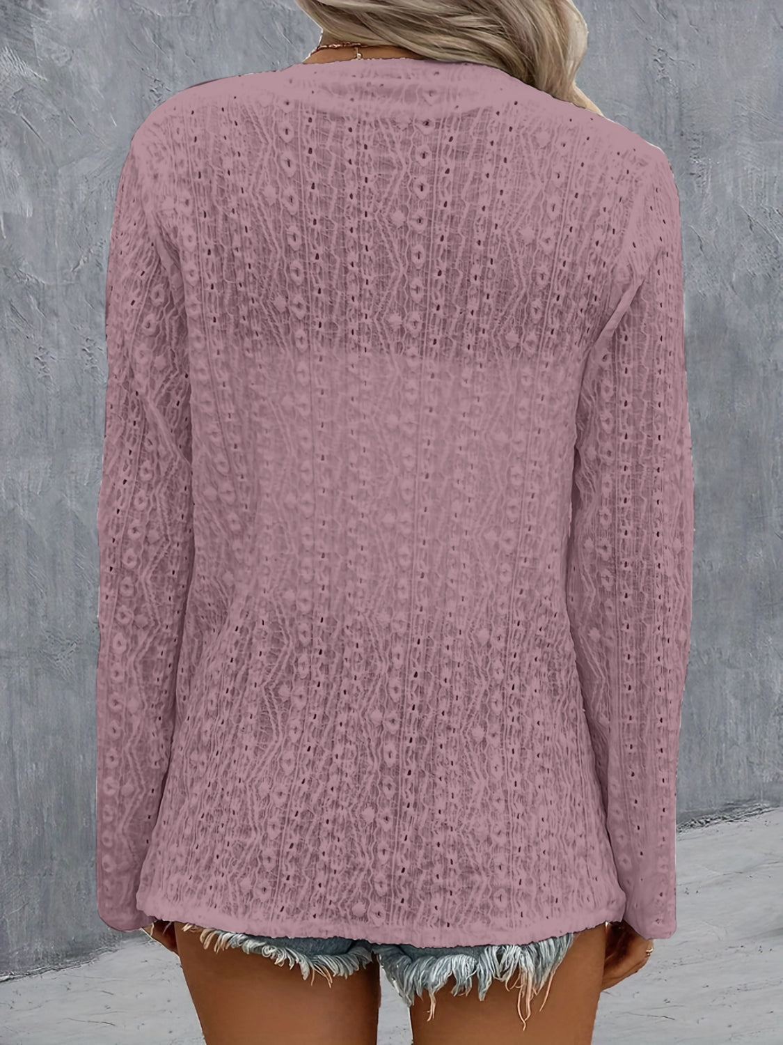 Lilac open-weave long sleeve cardigan with intricate diamond pattern detail.