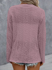 Lilac open-weave long sleeve cardigan with intricate diamond pattern detail.