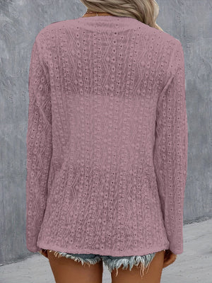 Lilac open-weave long sleeve cardigan with intricate diamond pattern detail.