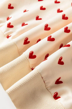 Heart Print Round Neck Long Sleeve Sweatshirt in Cream, alternate angle