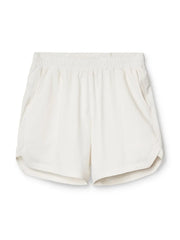White performance drawstring running shorts with elastic waistband and side pockets.