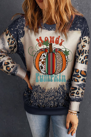 Bleached leopard graphic sweatshirt with Howdy Pumpkin print and distressed details.