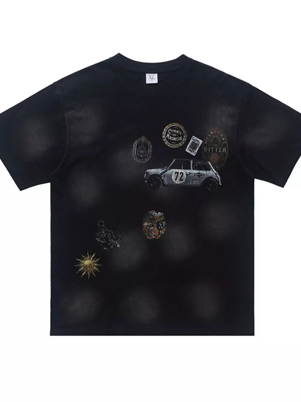 Men's Vintage Graphic Round Neck T-shirt in Black, close-up detail