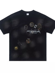 Men's Vintage Graphic Round Neck T-shirt in Black, close-up detail