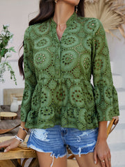 Moss green eyelet embroidered peplum blouse with ruffles and bell sleeves