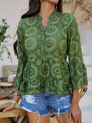 Moss green eyelet embroidered peplum blouse with ruffles and bell sleeves