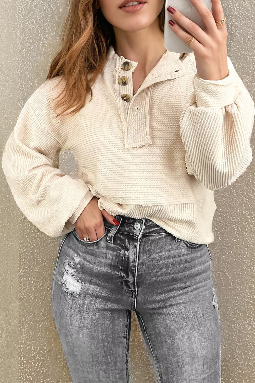 Corded Texture Lantern Sleeve Henley Sweatsuit in Ivory, side view