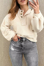 Corded Texture Lantern Sleeve Henley Sweatsuit in Ivory, side view