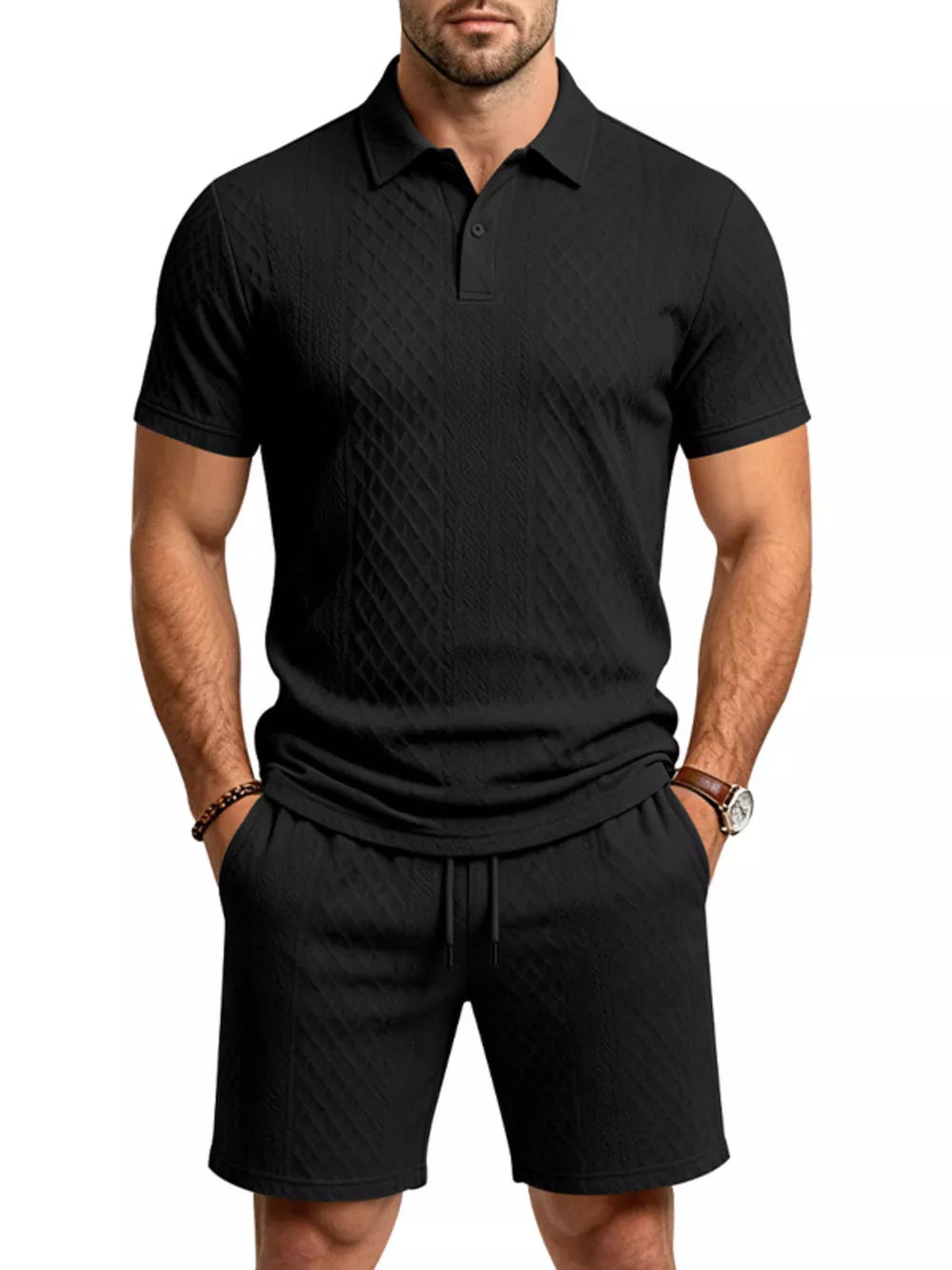 Men's Textured Short Sleeve Polo & Shorts Set in Dark Gray, fit detail