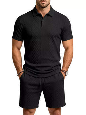 Men's Textured Short Sleeve Polo & Shorts Set in Dark Gray, fit detail