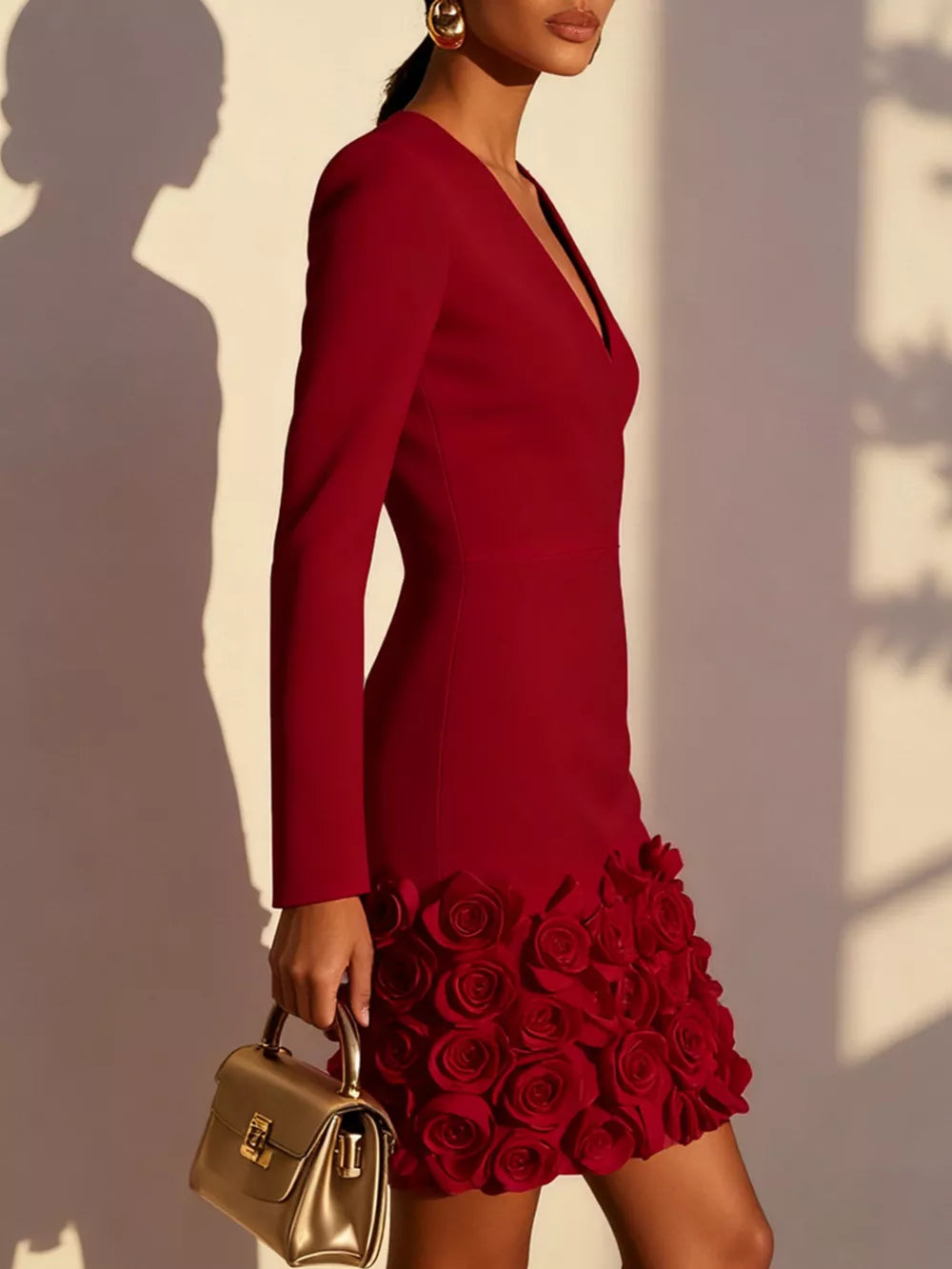 V-neck Mini Dress With Rose Embellishment in Burgundy, fit detail