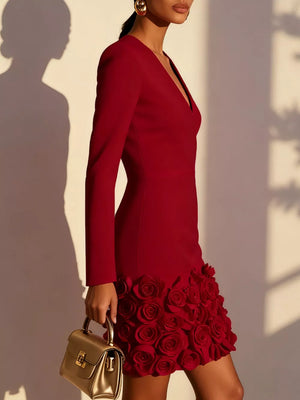 V-neck Mini Dress With Rose Embellishment in Burgundy, fit detail