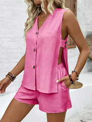 Hot Pink V-neck cutout buttoned sleeveless top with matching shorts set.