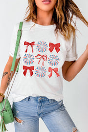 White t-shirt with patriotic bow and firework graphic print