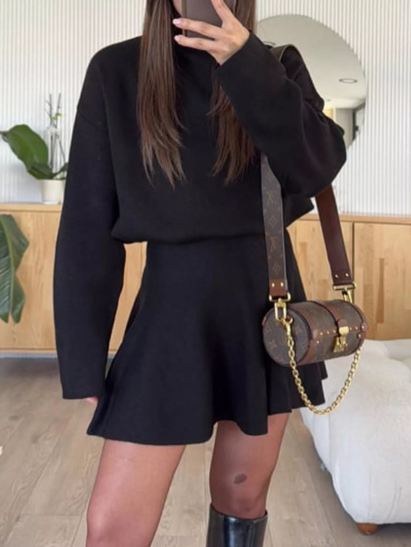 Black turtleneck sweater and flared mini skirt set, casual long sleeve outfit