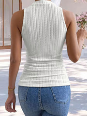 White ribbed mock neck tank top with vertical textured pattern and ruched waist.