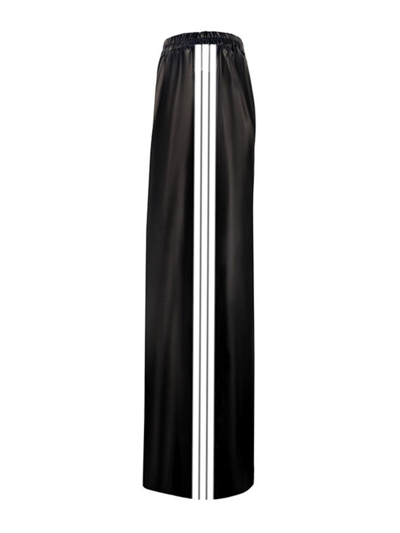 Black faux leather wide leg track pants with white side stripes and elastic waistband.