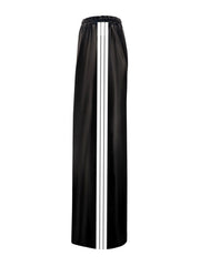 Black faux leather wide leg track pants with white side stripes and elastic waistband.