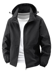 Black hooded windbreaker jacket with zip closure and adjustable hood toggles.