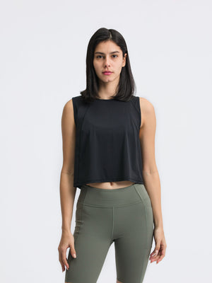 Black cropped active tank top with mesh inset back detail