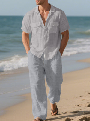 Men's Casual Button-up Shirt And Pants Set Plus Size, close-up detail