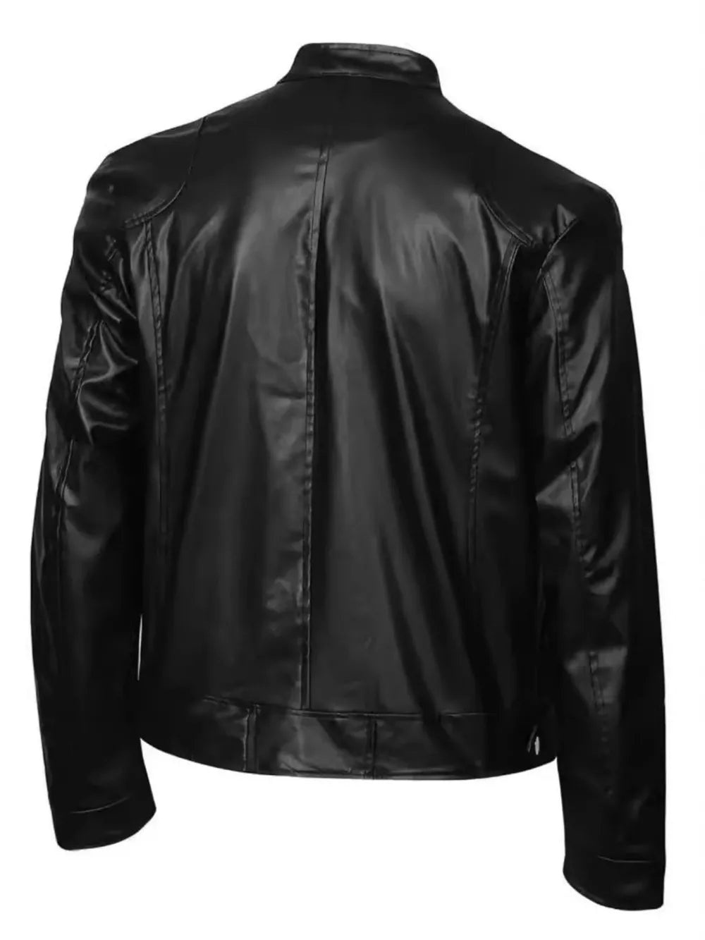 Black faux leather zip-up jacket with stand-up collar and seam details.