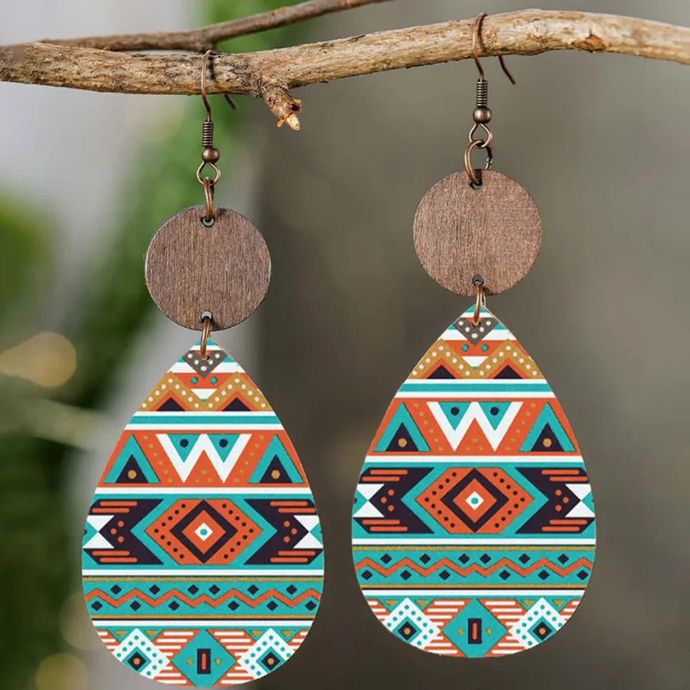 Geometric print wooden dangle earrings with multicolor boho pattern
