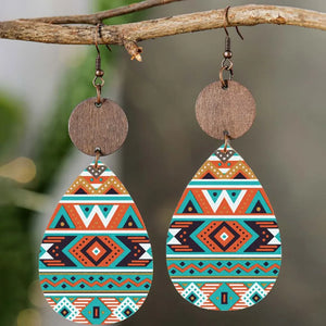 Geometric print wooden dangle earrings with multicolor boho pattern