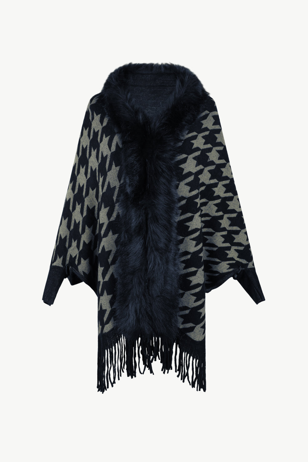 Houndstooth faux fur collar poncho with fringe detail in beige and black.