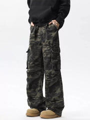 Relaxed fit dark camo cargo pants with multiple pockets.