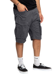 Dark gray cargo shorts with multiple pockets and a relaxed fit.