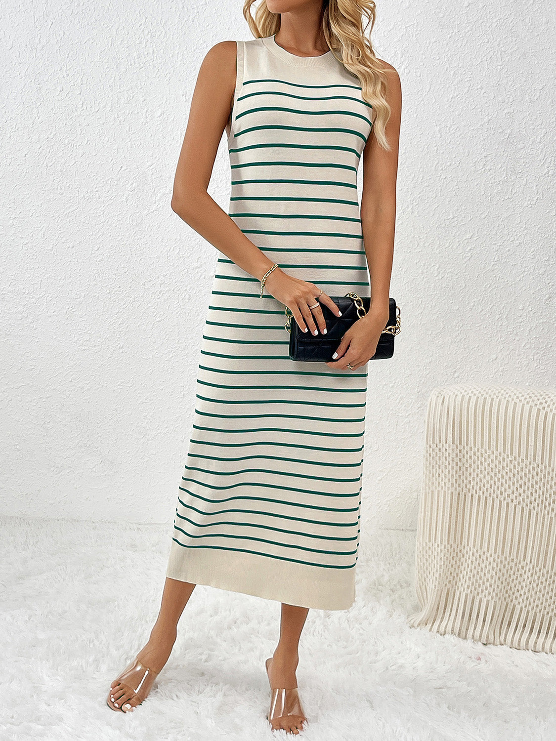 Striped ribbed sleeveless midi dress in cream with green stripes, crew neck, and a relaxed fit.
